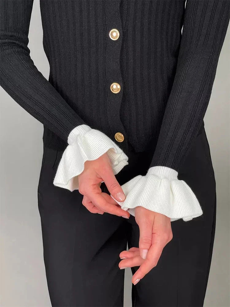 Elegant Patchwork Ruffle Long Sleeve Cardigan