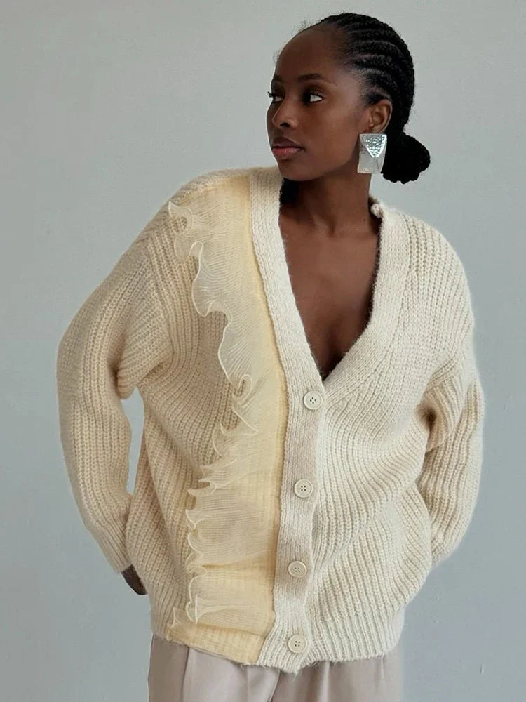 Lace Patchwork V-neck Ribbed Cardigan