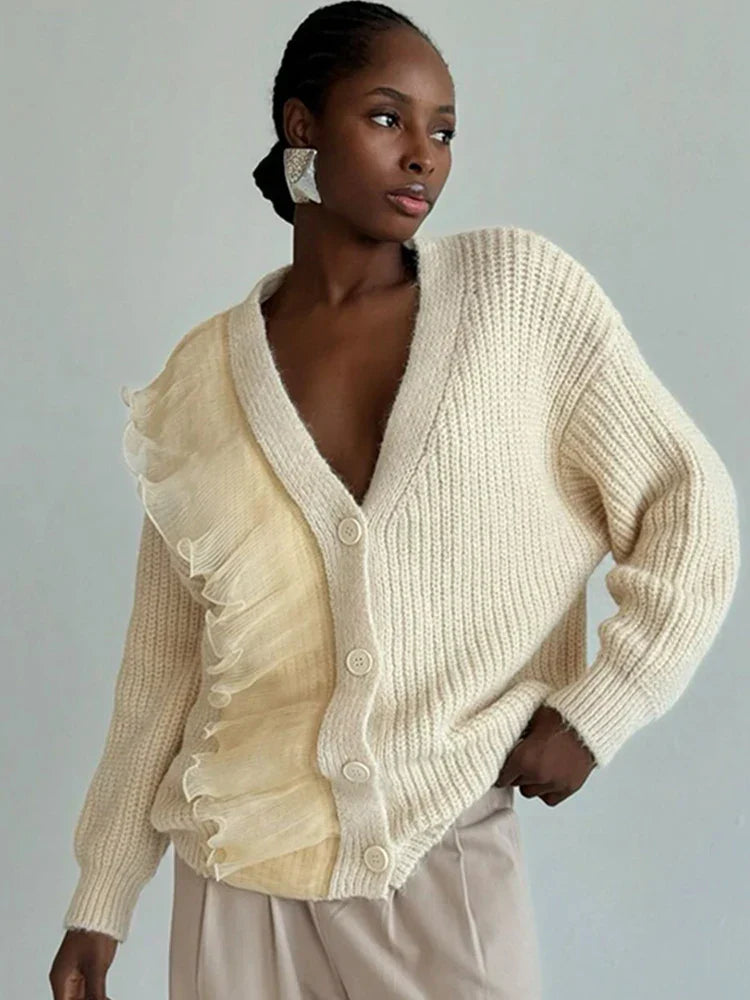 Lace Patchwork V-neck Ribbed Cardigan