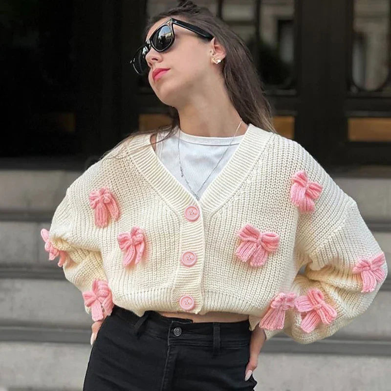 Embroidered Bow V-neck Cardigan