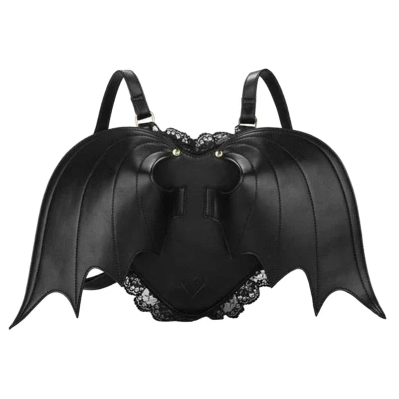 Trendy Bat Wing Lace Pu Gothic Shopping Dating Daypack Backpack Bag Black Halloween