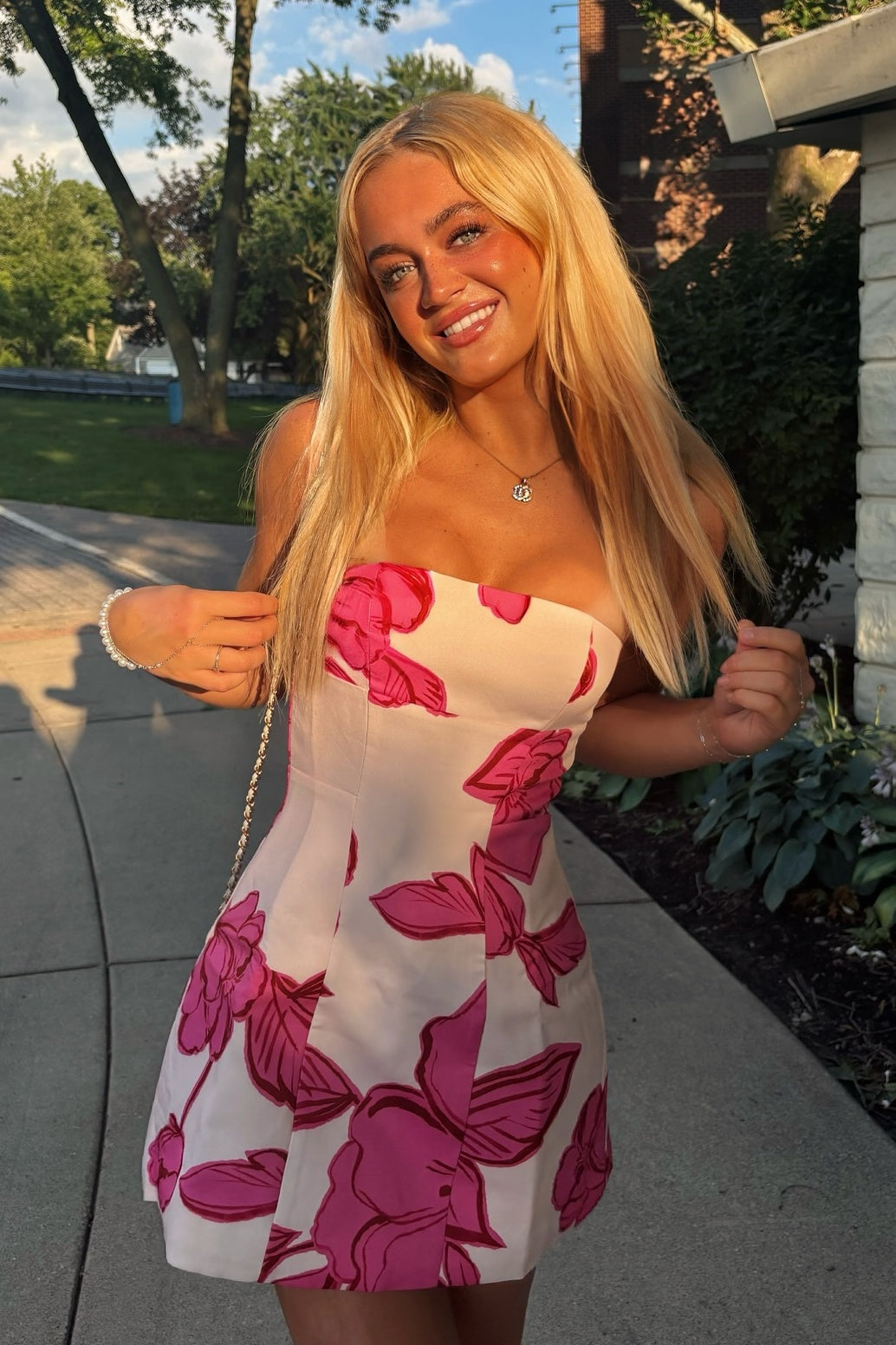 Trendy A Line Strapless Pink Printed Short Homecoming Dress