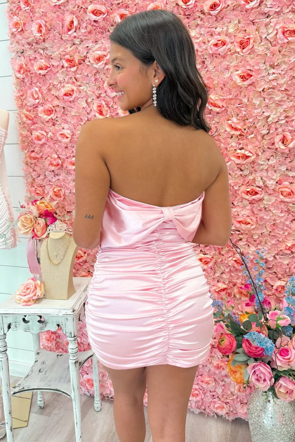 Trendy Sheath Strapless Pink Short Homecoming Dress with Bowknot Back