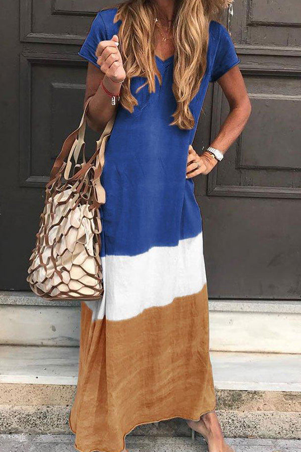 Tri-colored V-neck Maxi Dress With Short Sleeves - Mislish