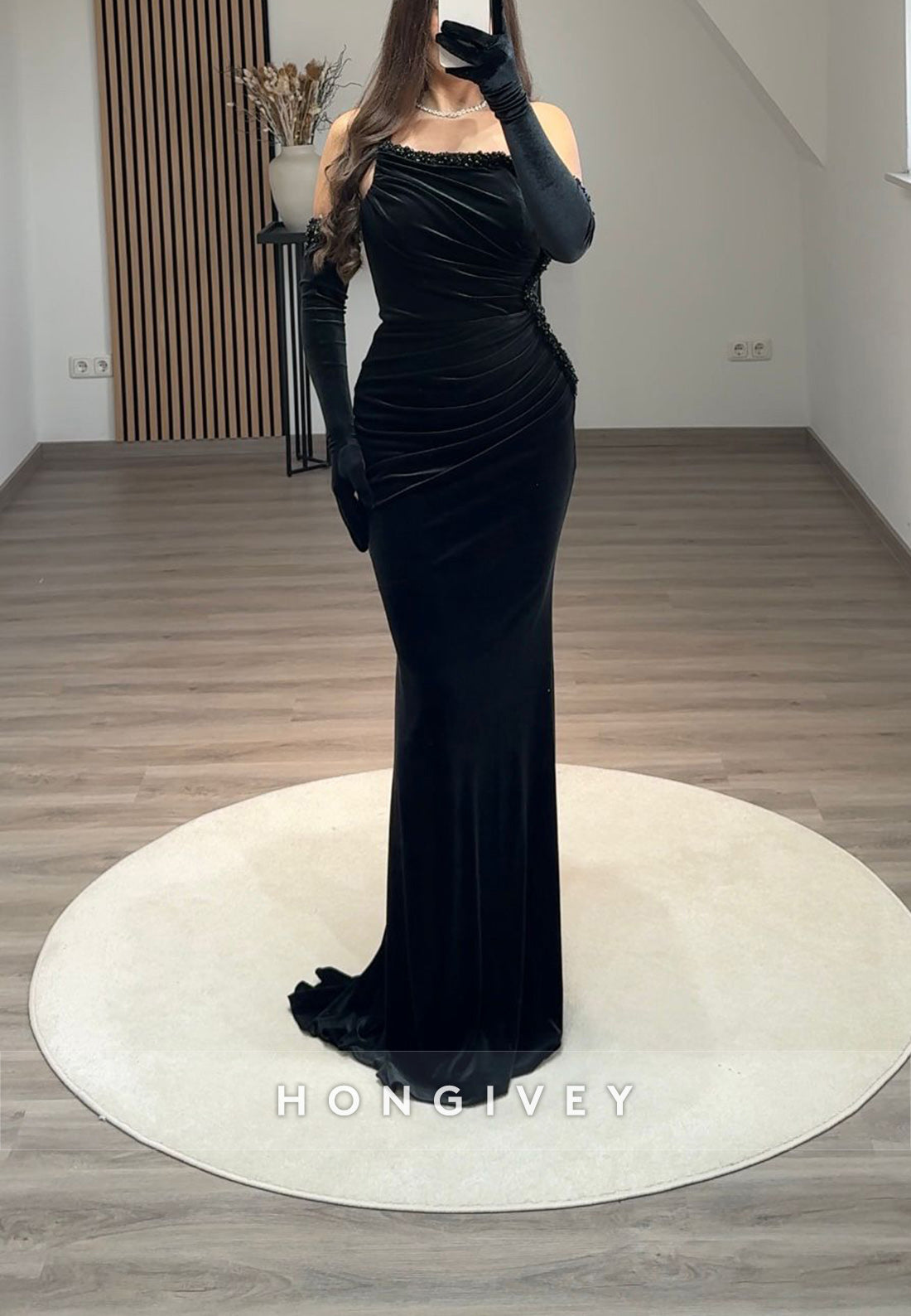 Column Off the Shoulder Pleated Floor-Length Beading Formal Evening Dresses