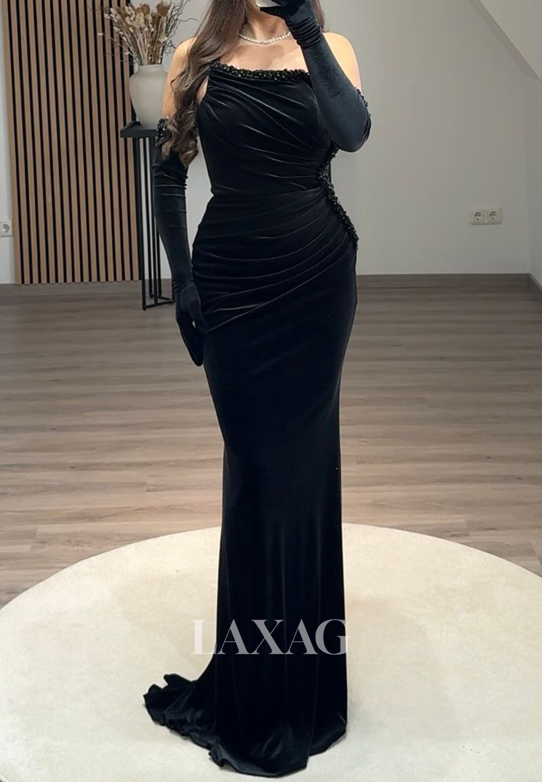 Beaded Tube Top Off-Shoulder Sleeveless Party Gowns Pleated Satin Mermaid Prom Dress with Gloves