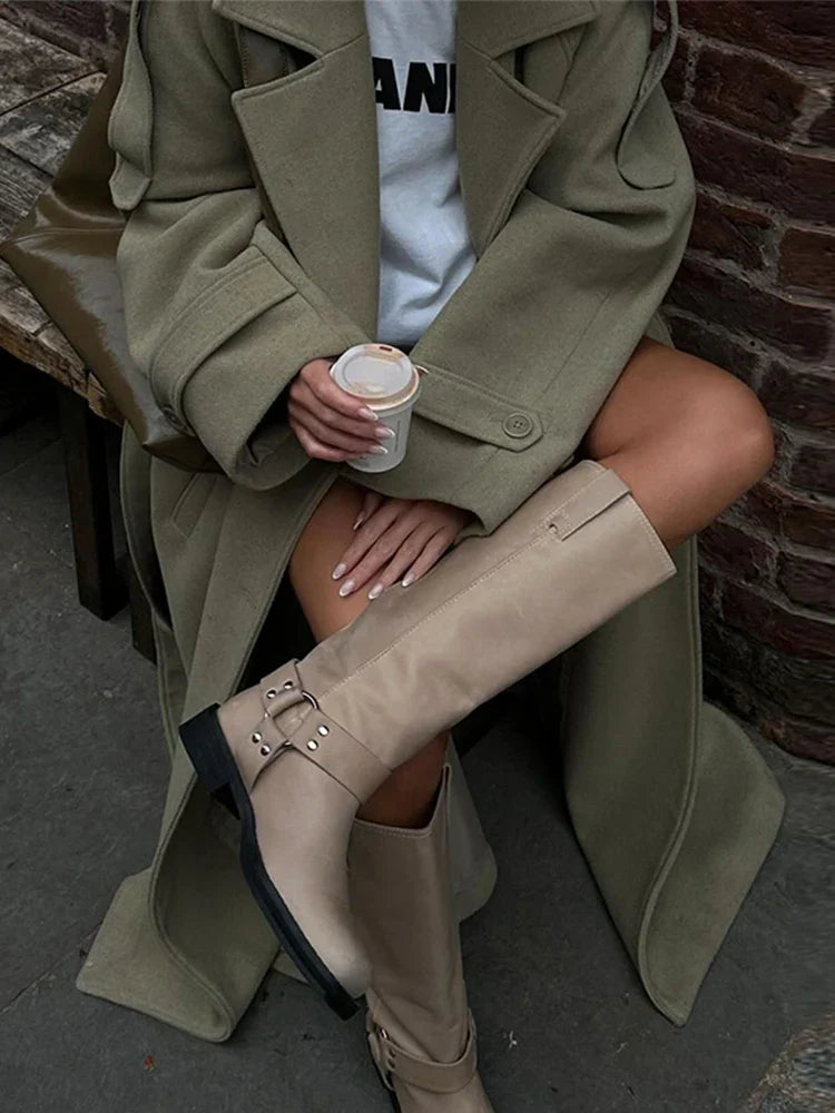 Turn-Down Collar Lace-Up Loose Overcoat