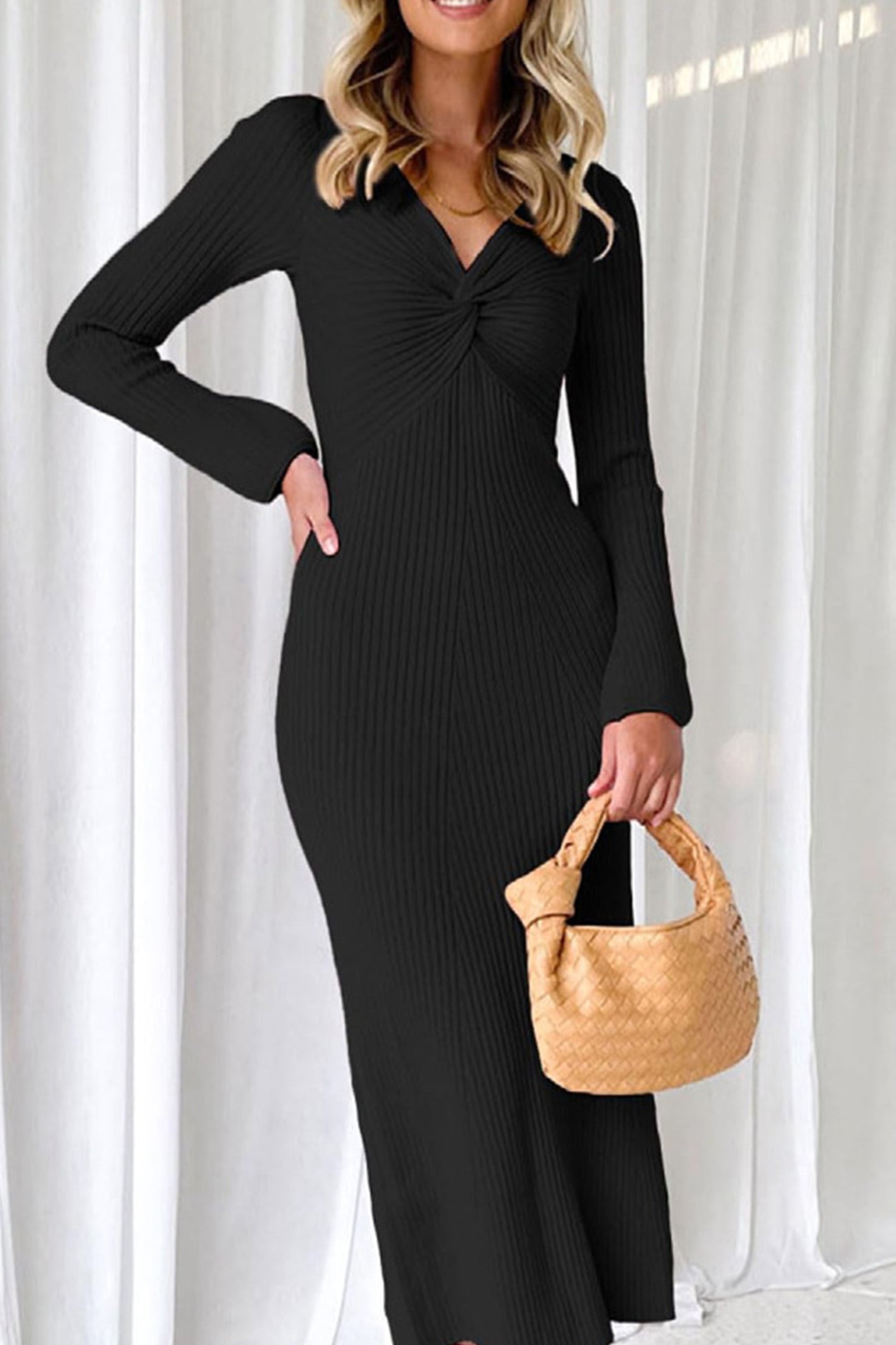 Twisted Long Sleeve Ribbed Knit Dress