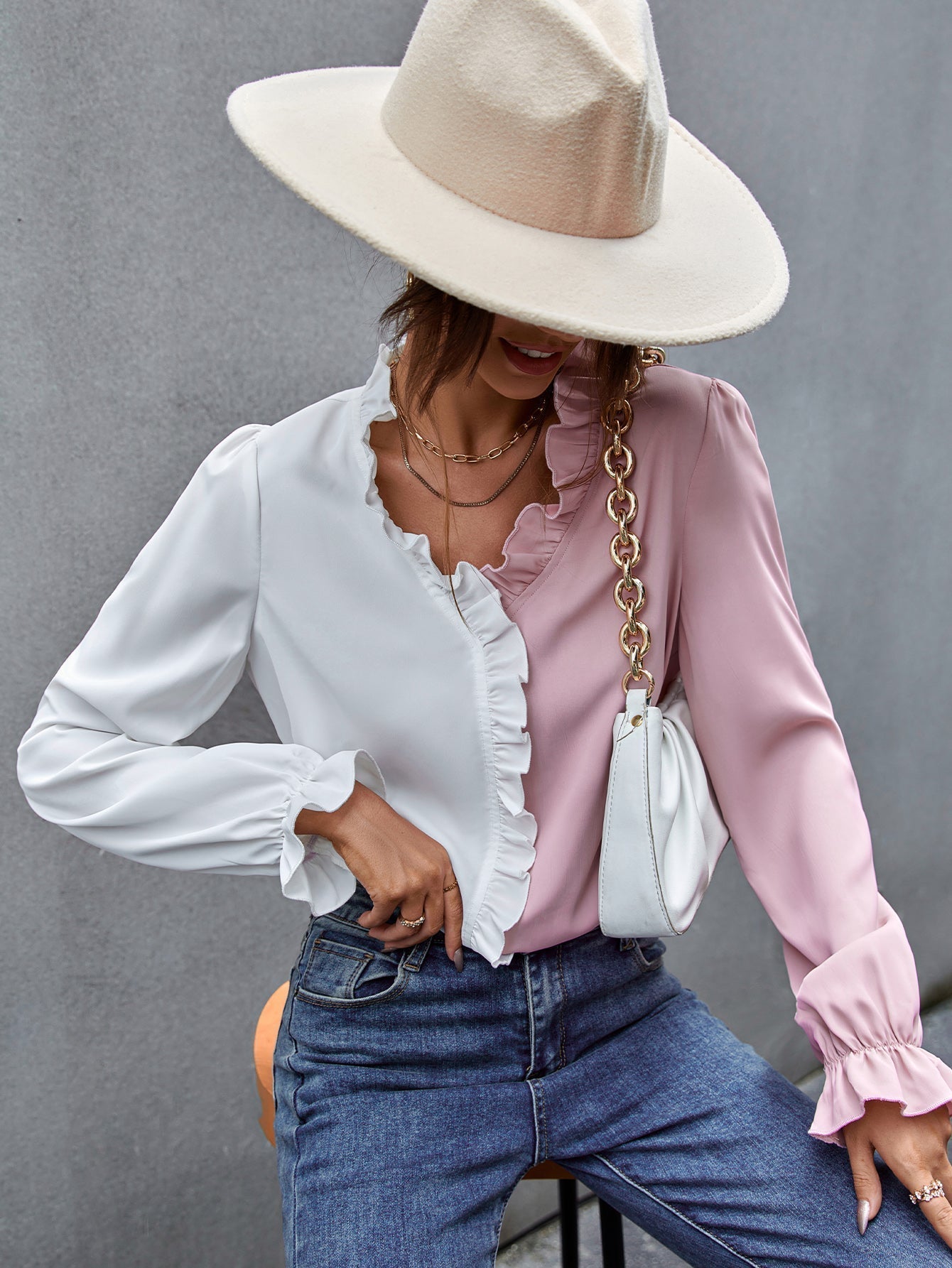 Two Tone Ruffle Hem Blouse - Fashionpara