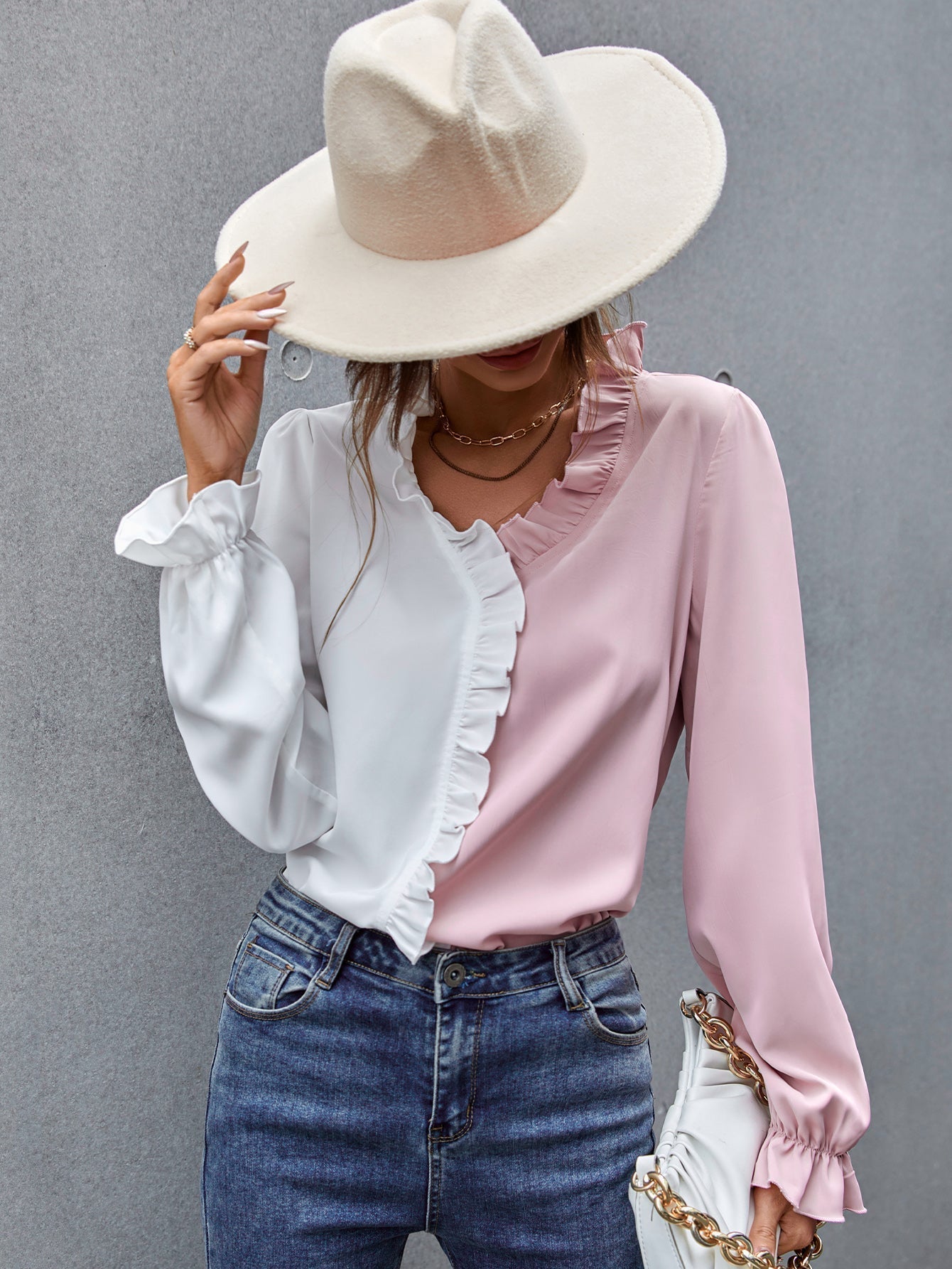 Two Tone Ruffle Hem Blouse - Fashionpara