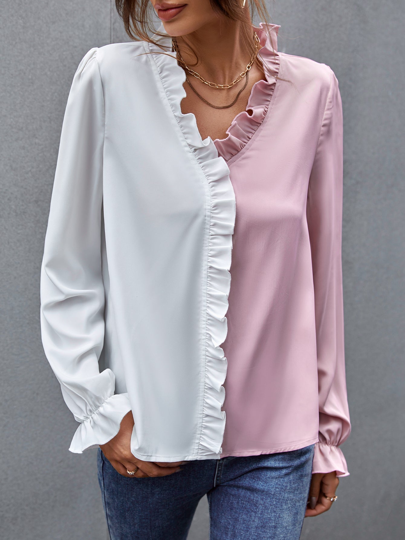 Two Tone Ruffle Hem Blouse - Fashionpara