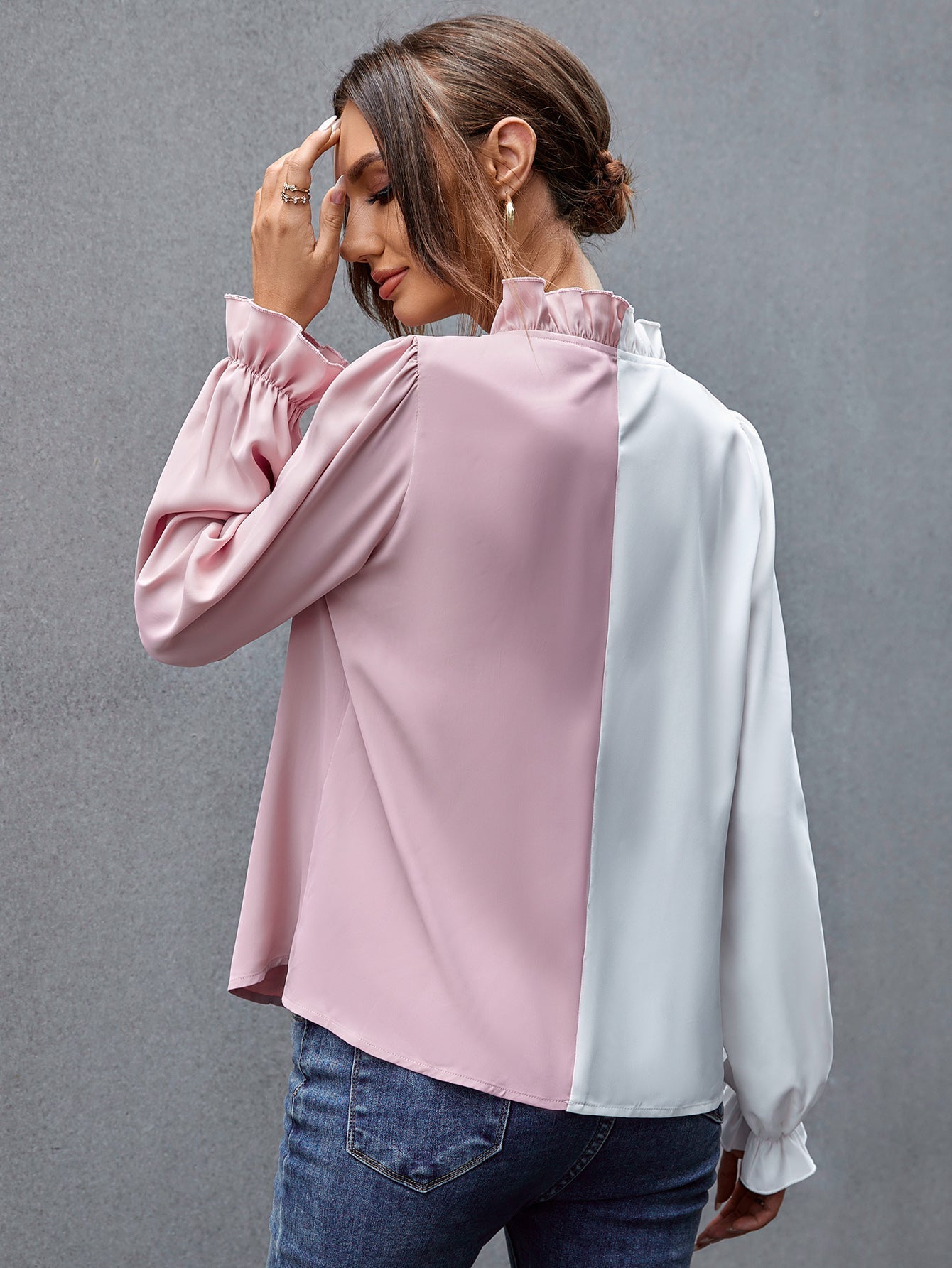 Two Tone Ruffle Hem Blouse - Fashionpara
