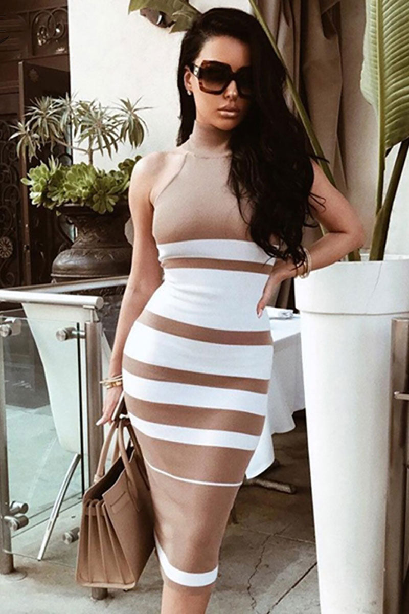 Striped Mesh High-Neck Sleeveless Bodycon Midi Dress