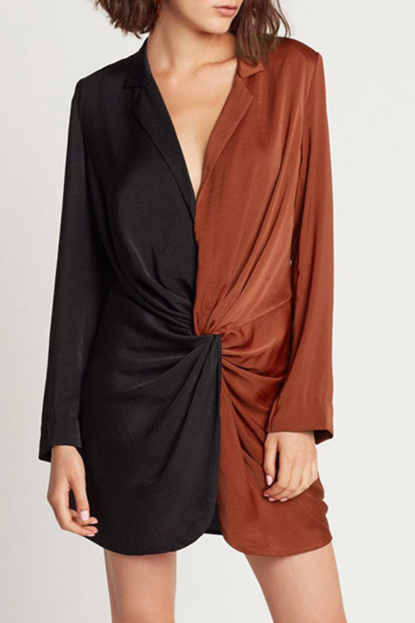 Two Tones V-neck Twist Mini Dress - Mislish