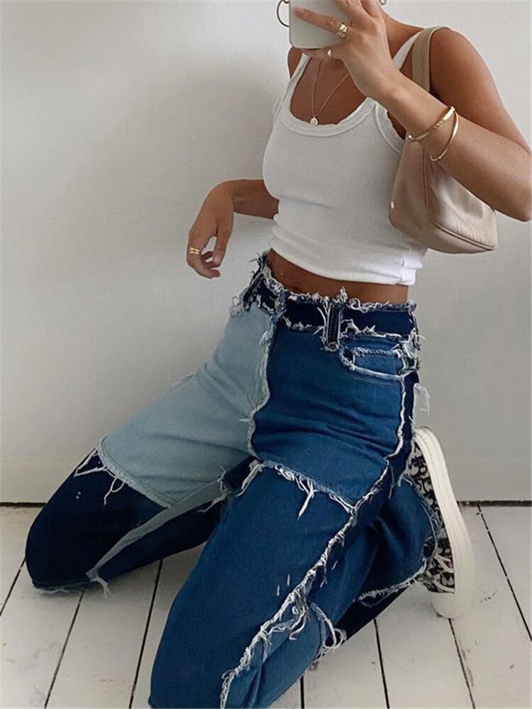 KittenAlarm - Mojoyce Patchwork Women's Jeans Bicolor Straight Leg Casual Long Pants High Waist Denim Jeans Y2K Fashion Pencil Trousers XXL