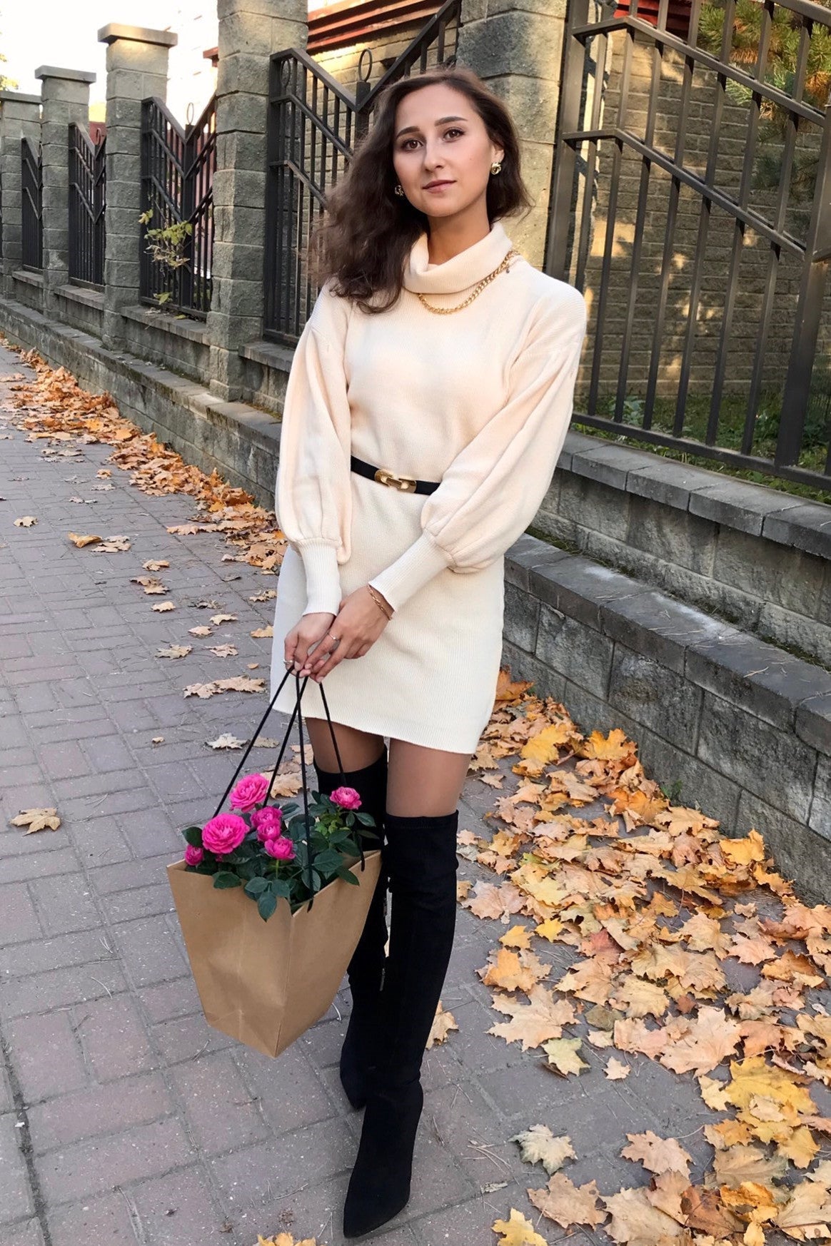 ShoptheCIC Lantern Sleeve Turtleneck Knit Sweater Dress
