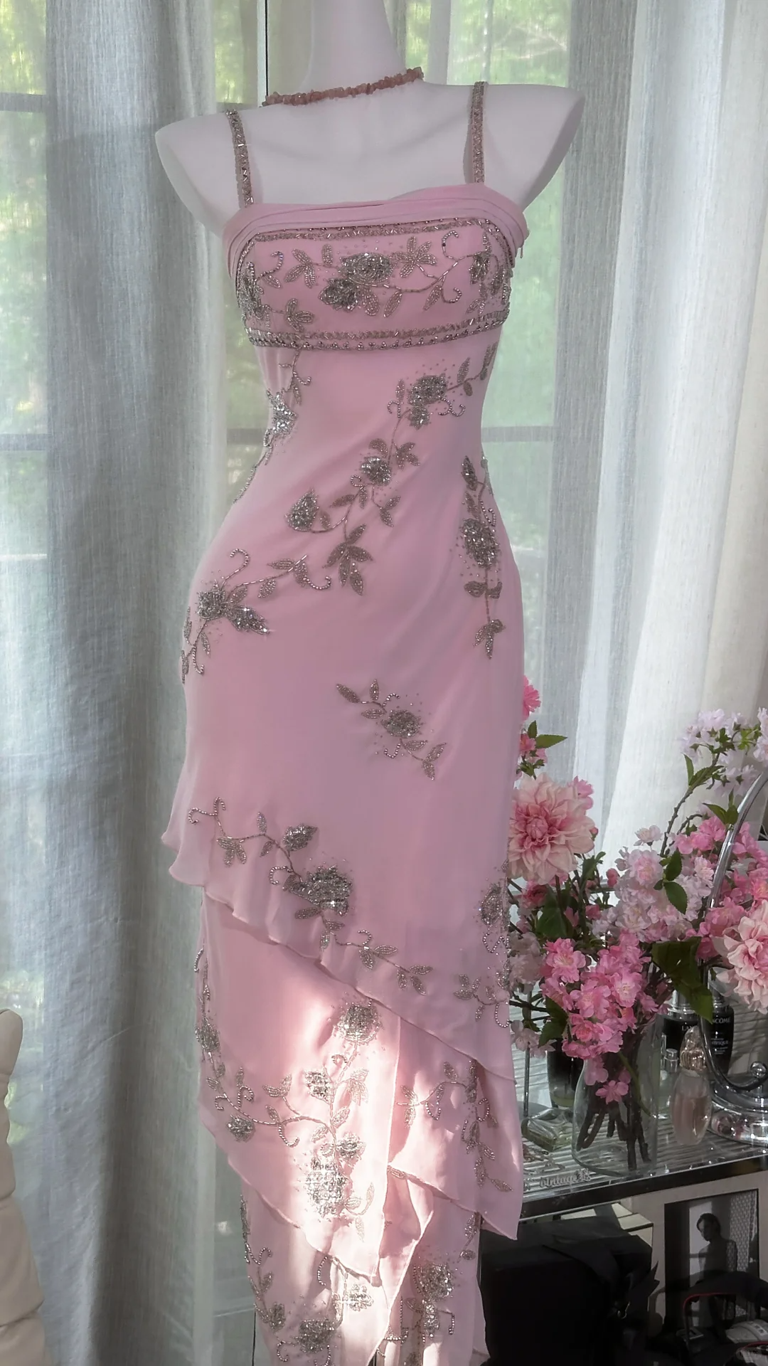 Sweet Spaghetti Straps Pink Chiffon Beaded Layered Mermaid Prom Dress Birthday Party Gown D1173