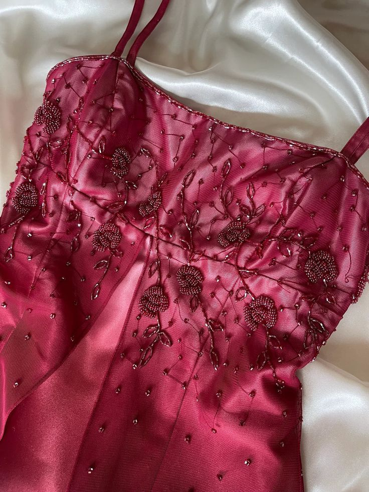 Pretty Spaghetti Straps Ombre Hot Pink Satin Beaded A Line Long Evening Dress Birthday Party Dress D1534