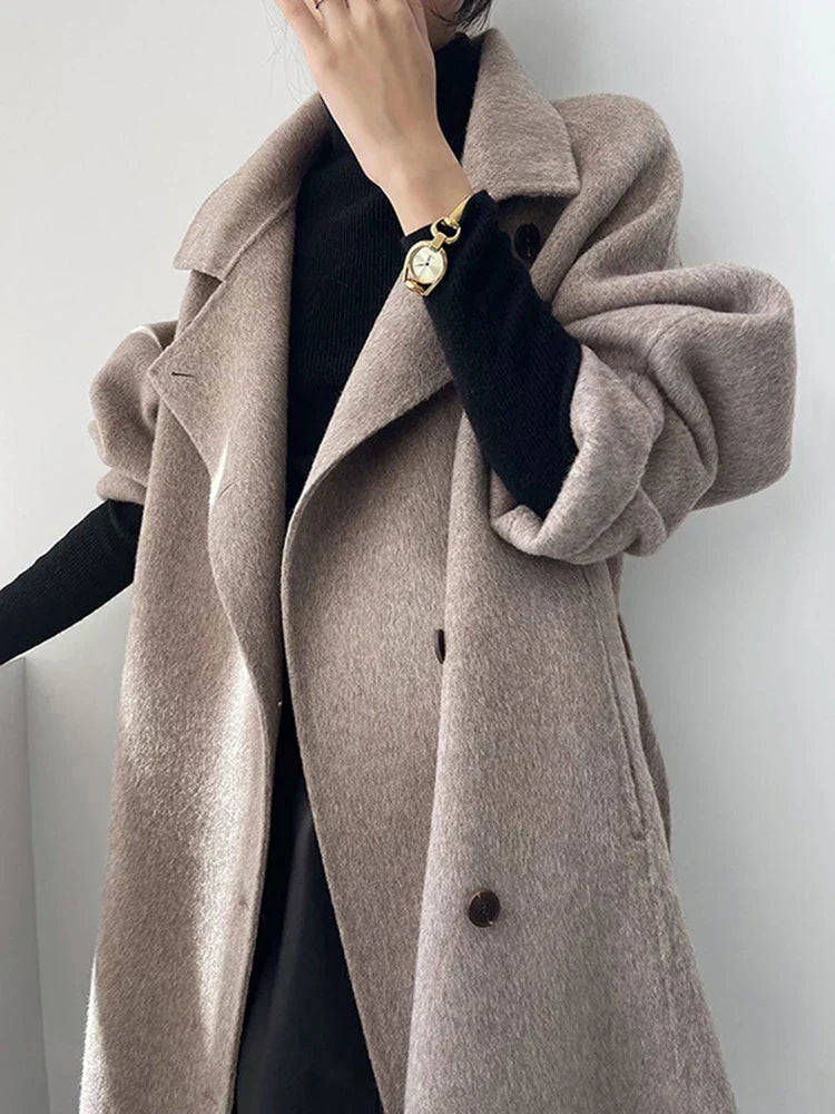 Elegant Turtleneck Wool Cashmere Overcoat
