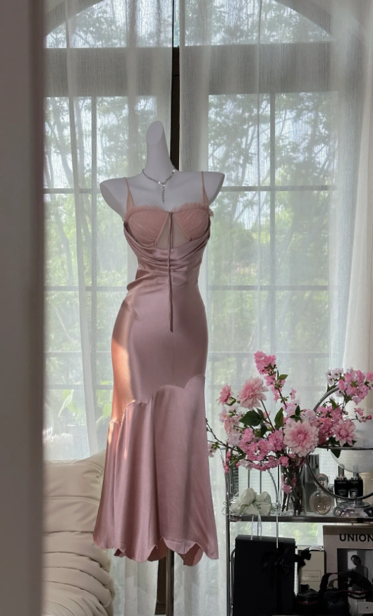 Elegant Spaghetti Straps Sweetheart Neck Pink Satin Mermaid Party Dress Long Birthday Prom Gown D1378