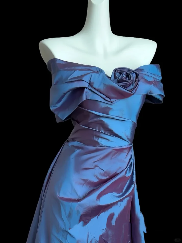 Vintage Off The Shoulder Bow Navy Blue Satin Mermaid Evening Dress Formal Prom Gown D1043