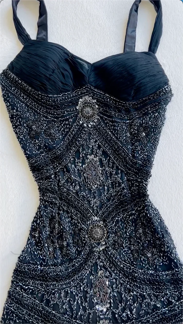 Vintage Navy Blue Spaghetti Straps Tulle Beaded Mermaid Long Evening Dress Party Gown D1482