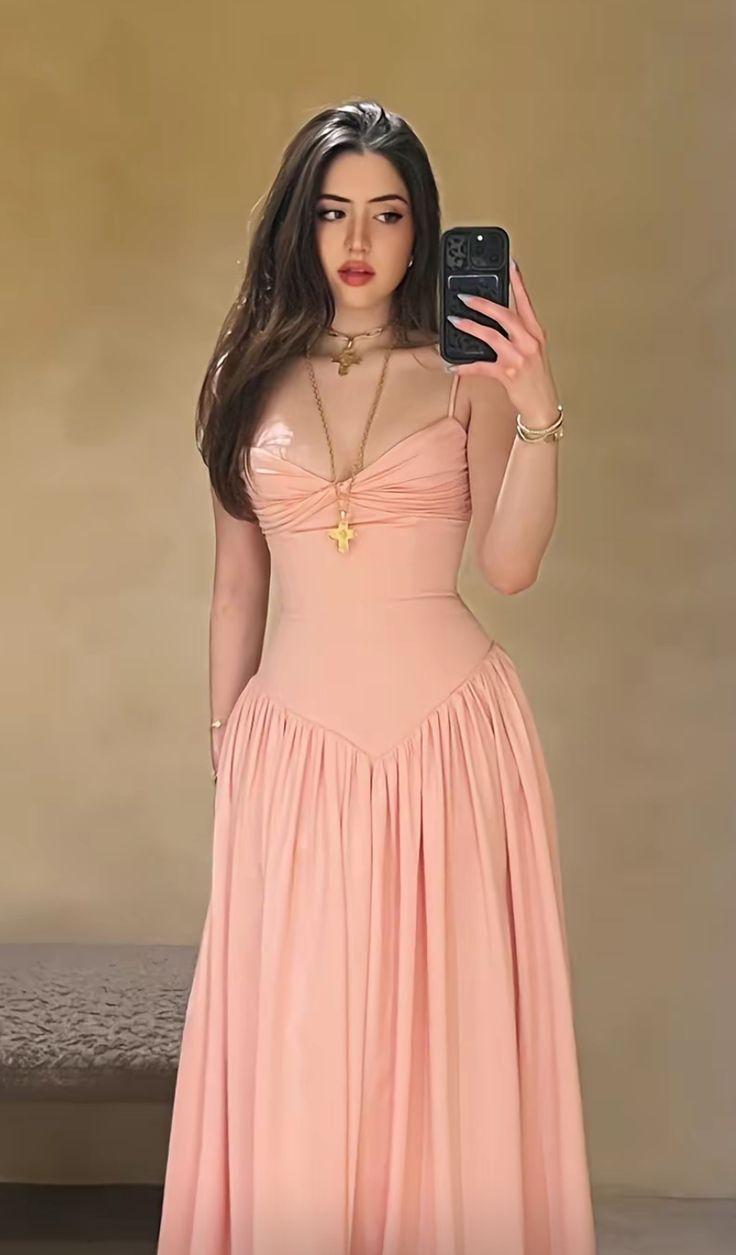 Simple Spaghetti Straps Pink Satin A Line Long Party Dress wedding Guest Dress D1191