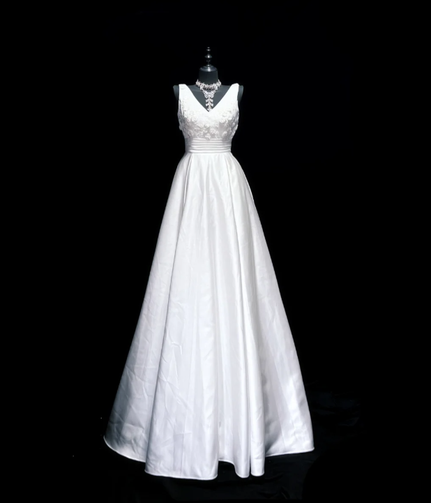 Classy V Neck White Satin Appliques Long Wedding Dress Formal Bridal Dress D549