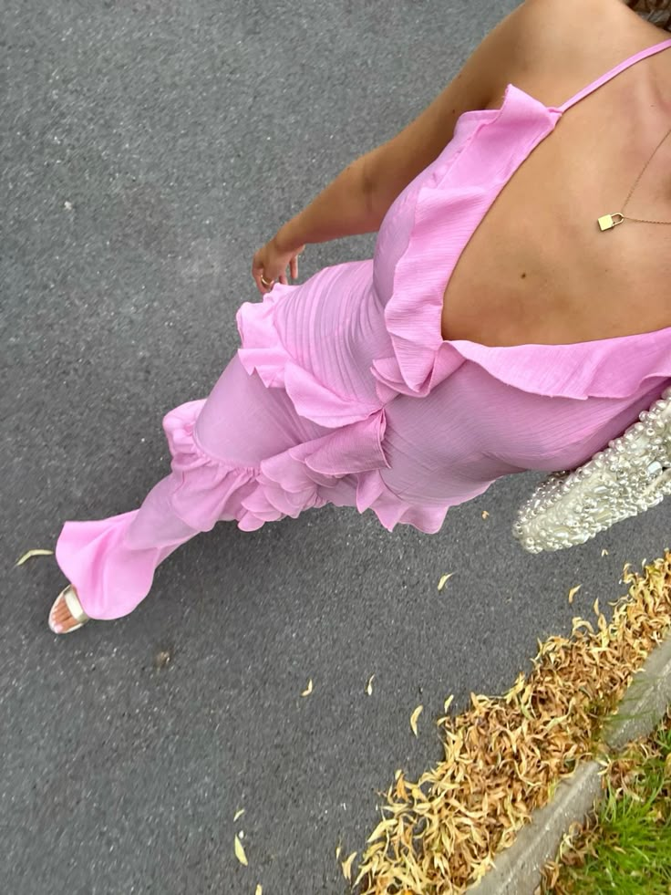 Pretty Pink Spaghetti Straps Satin Ruffle Mermaid Slit Evening Dress Long Party Gown D1473