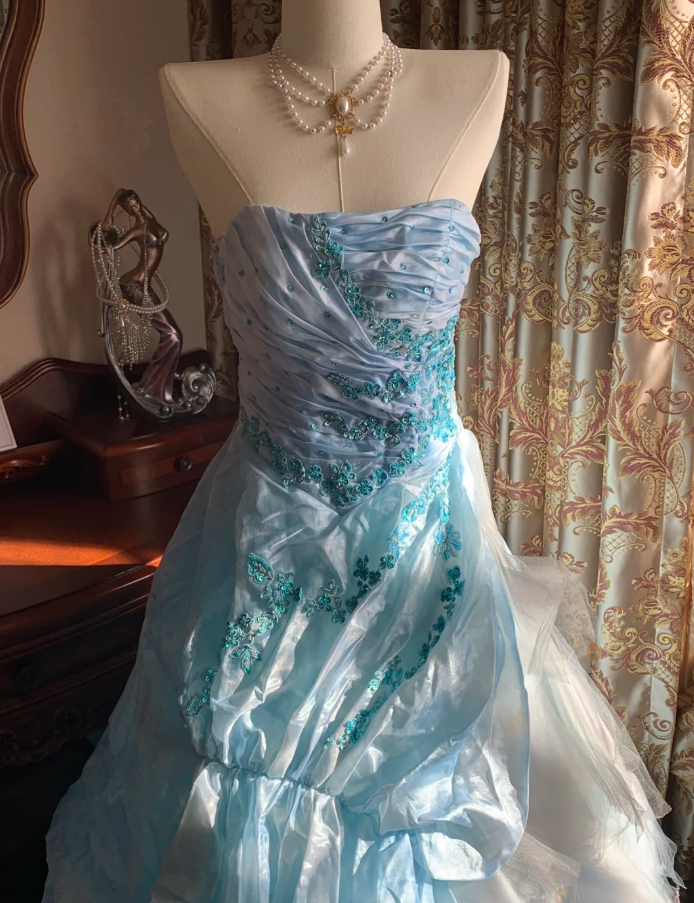 Elegant Blue Strapless Tulle Satin Appliques Long Party Dress Birthday Prom Gown D1772