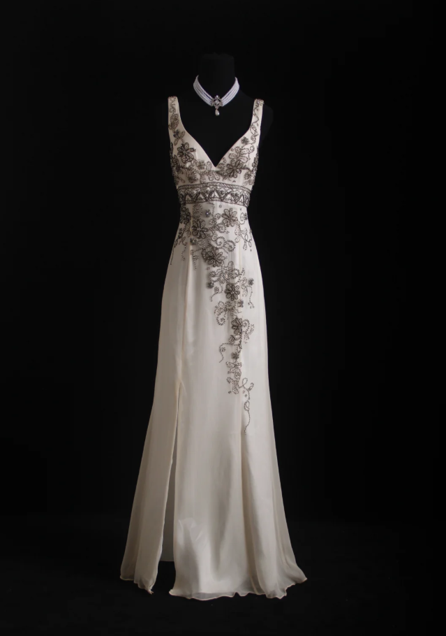 Elegant V Neck Off-white Chiffon Beaded Mermaid Party Dress Long Evening Gown D1665