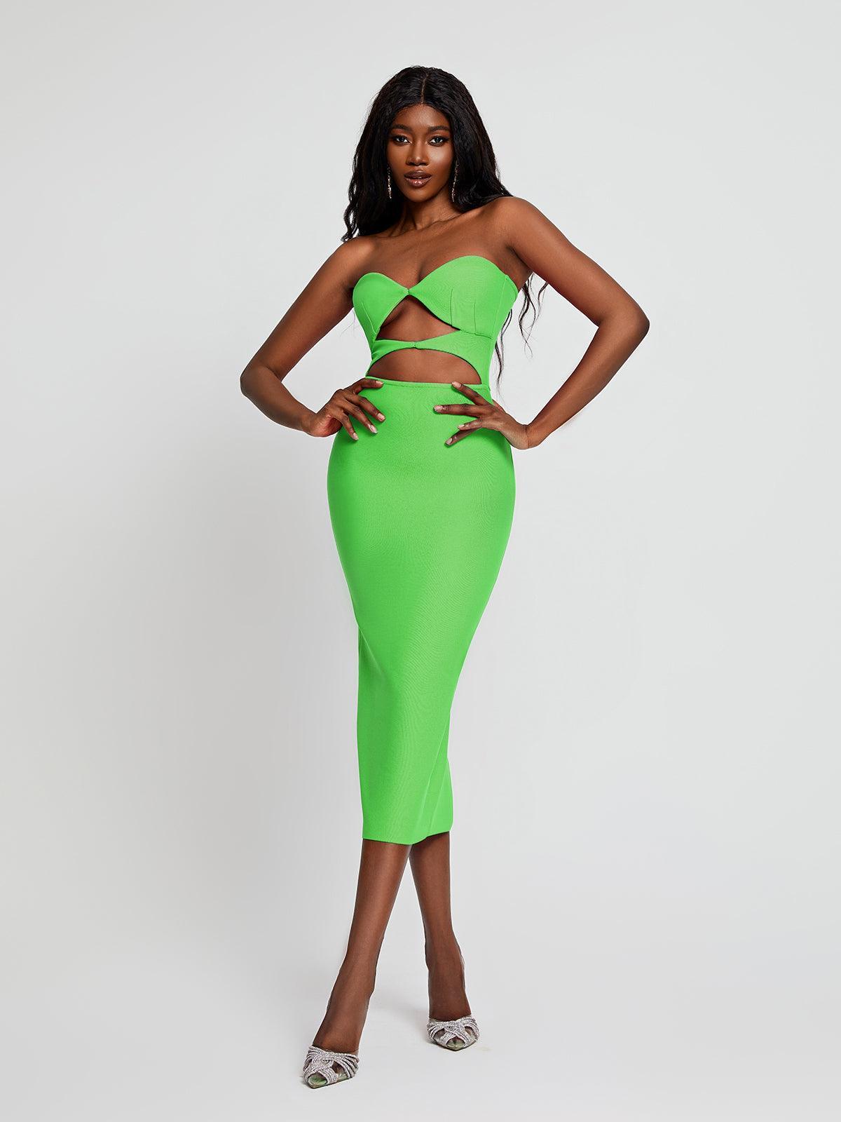 Strapless Twist Front Cut Out Bandage Bodycon Midi Dress