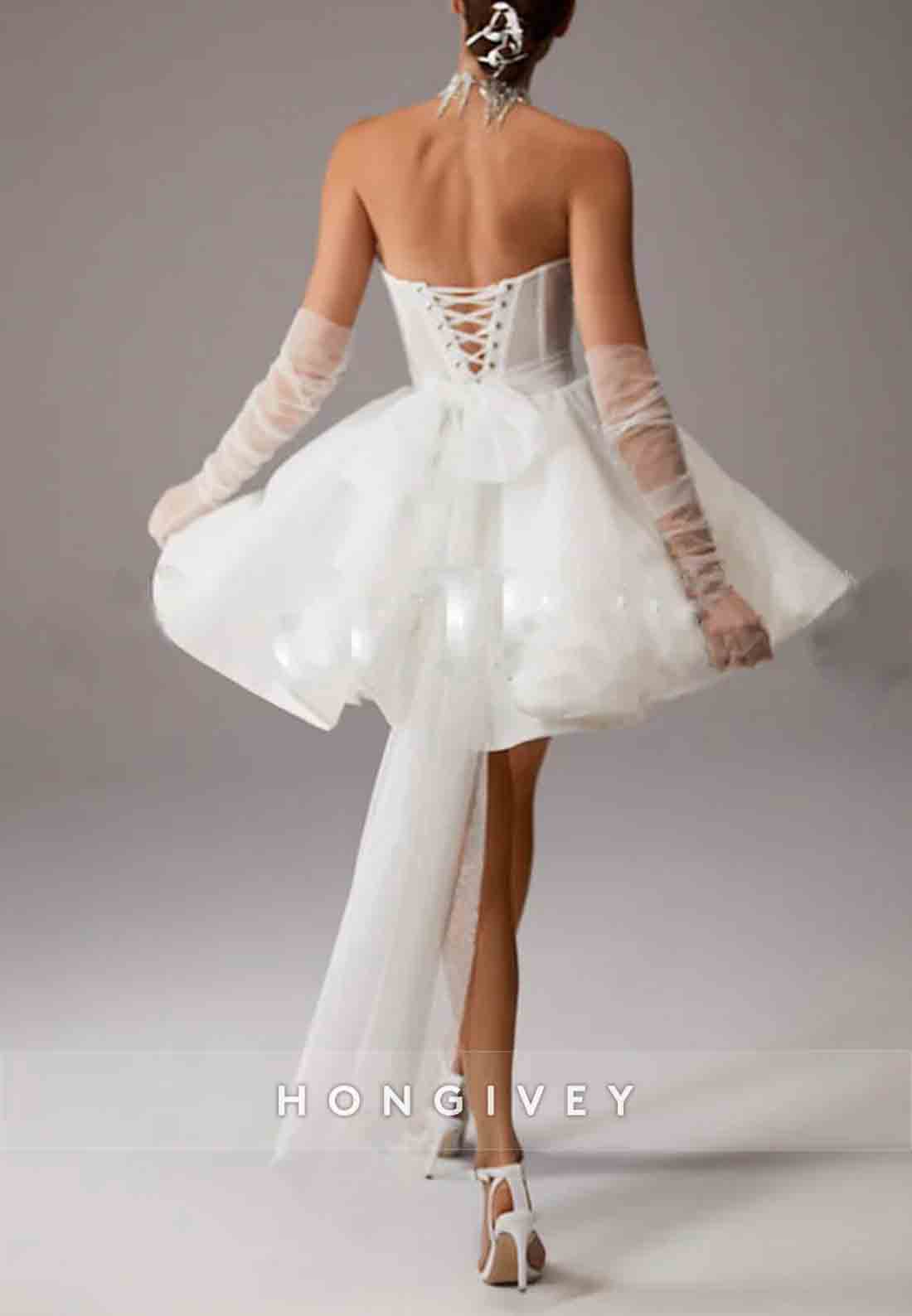 Mini Strapless Bowknot Pleated Crisscross Back Ball Gown Wedding Dresses