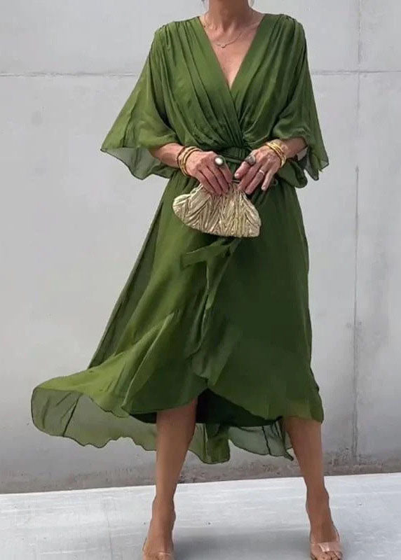 Chiffon Batwing Sleeve Deep V-Neck Wrap Tie Waist Midi Dress