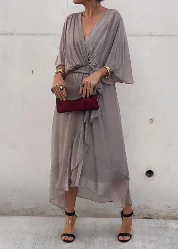 Chiffon Batwing Sleeve Deep V-Neck Wrap Tie Waist Midi Dress - View 4
