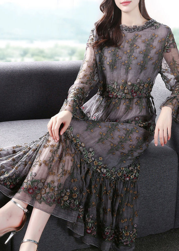 Floral Embroidered Tulle Long Sleeve Ruffle Cuff Tiered Midi Dress - View 2