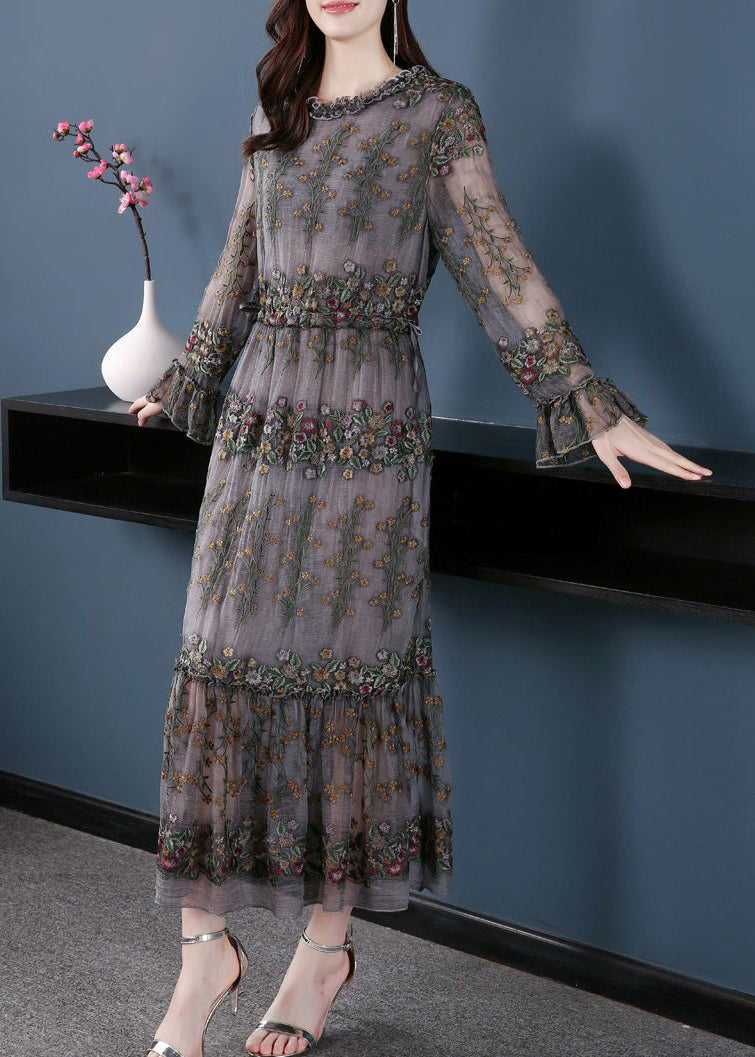 Floral Embroidered Tulle Long Sleeve Ruffle Cuff Tiered Midi Dress - View 5