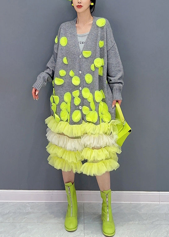 Knit Button Front V-Neck 3D Applique Tiered Tulle Midi Dress