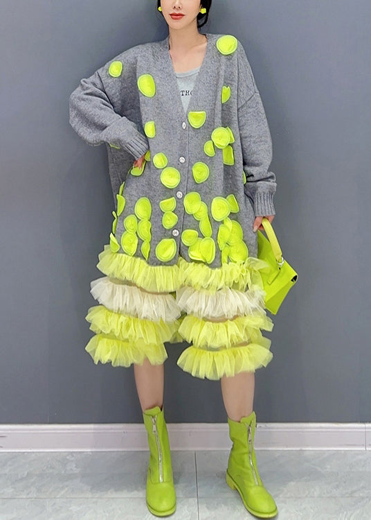 Knit Button Front V-Neck 3D Applique Tiered Tulle Midi Dress - View 2