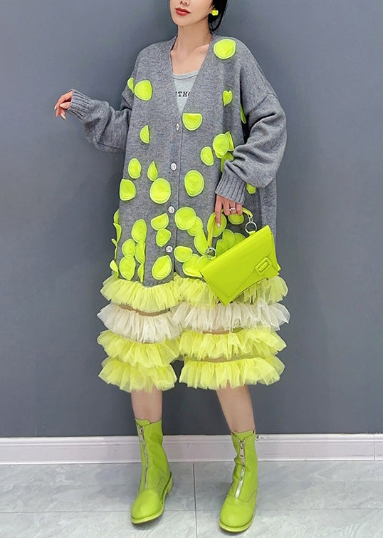 Knit Button Front V-Neck 3D Applique Tiered Tulle Midi Dress - View 3