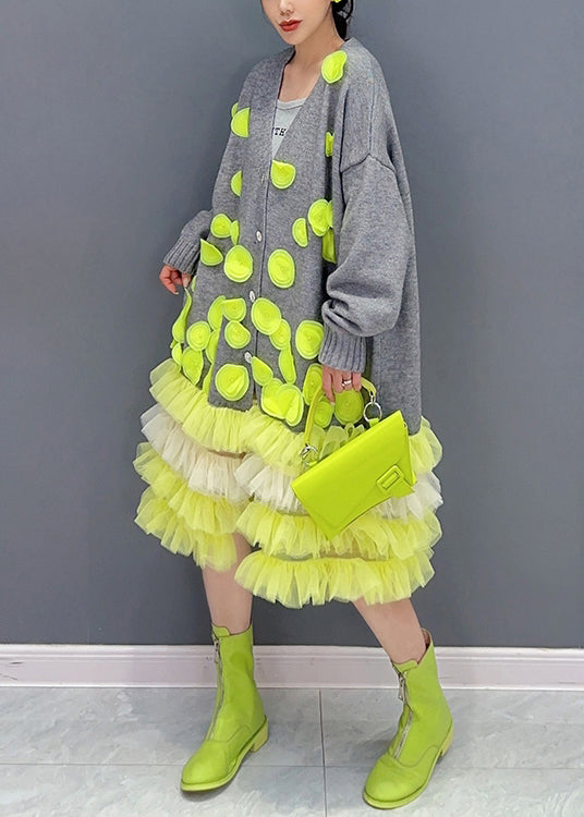 Knit Button Front V-Neck 3D Applique Tiered Tulle Midi Dress - View 4