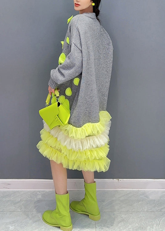 Knit Button Front V-Neck 3D Applique Tiered Tulle Midi Dress - View 5