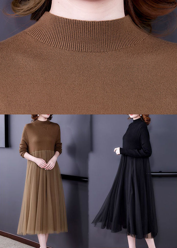 Unique Khaki Stand Collar Tulle Patchwork Knit Long Dress Long Sleeve - View 5