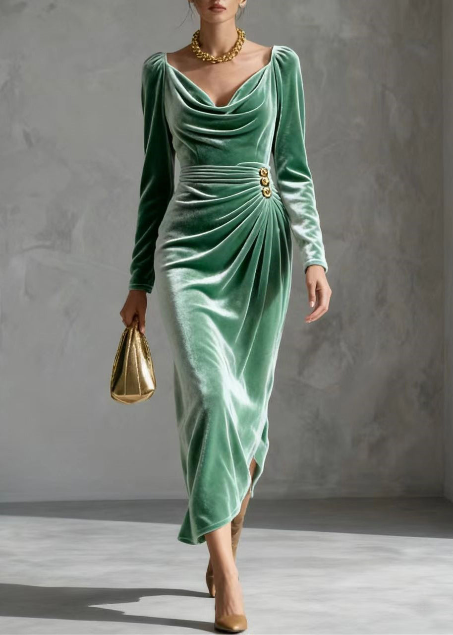 Velvet Cowl Neck Long Sleeve Ruched Wrap High Split Midi Dress