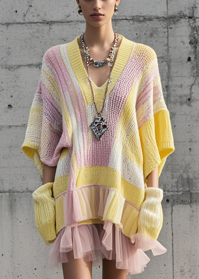 Knit Geometric Patchwork V-Neck Tulle Ruffle Tiered Mini Dress