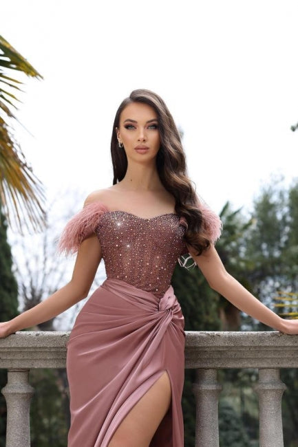 Charming Mermaid Pink Off The Shoulder Stain Prom Dress with Beadings - Fashionpara