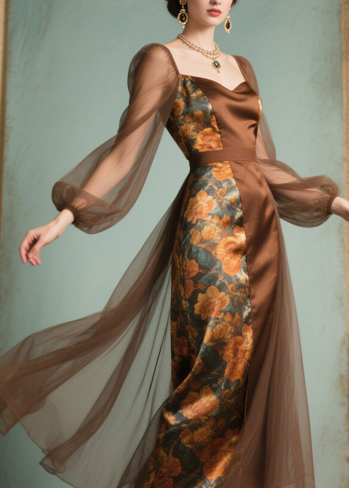Floral Print Sweetheart Neck Satin Panel Mesh Midi Dress - View 2