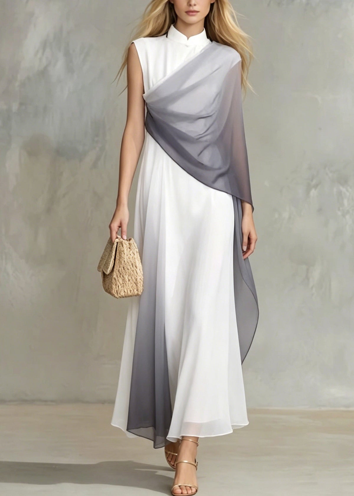 Ombre Gradient Patchwork Mandarin Collar Sleeveless Chiffon Maxi Gown - View 5