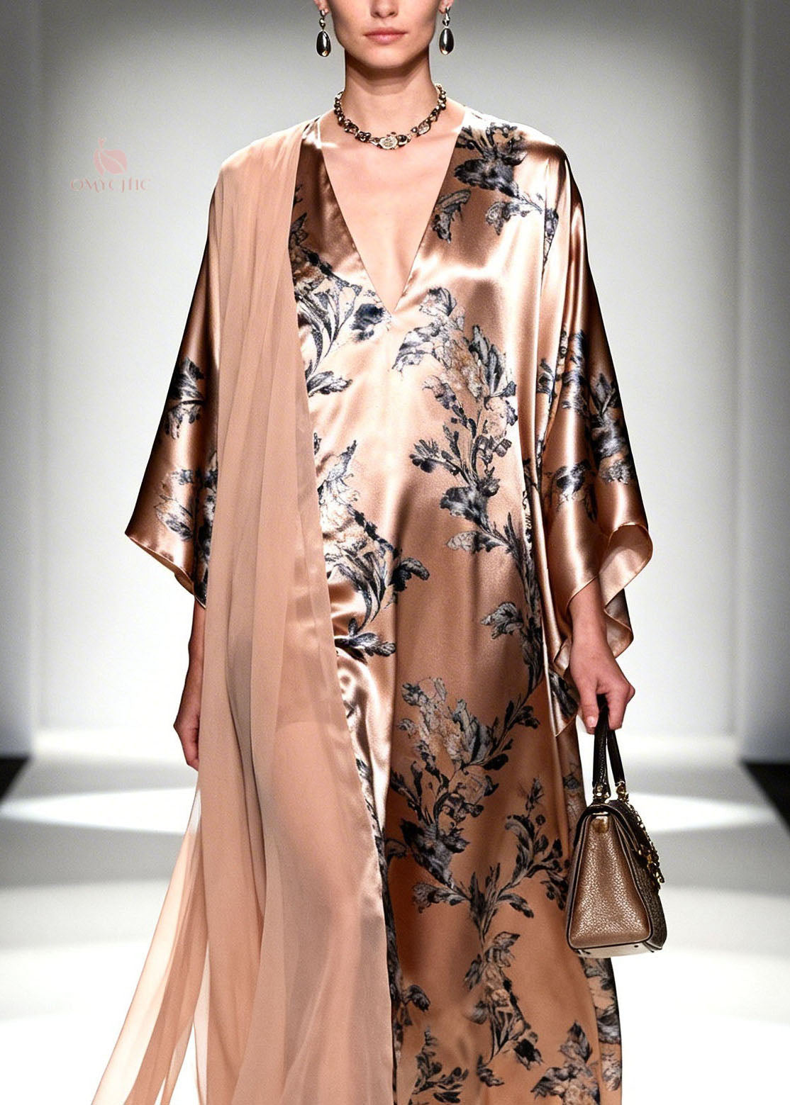 Botanical Print Deep V-Neck Flared Sleeve Sheer Maxi Gown - View 2