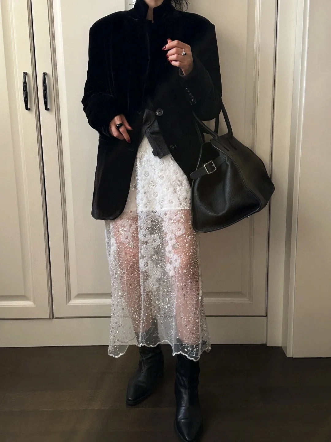 Beaded Sequin White Mesh A-Line Skirt